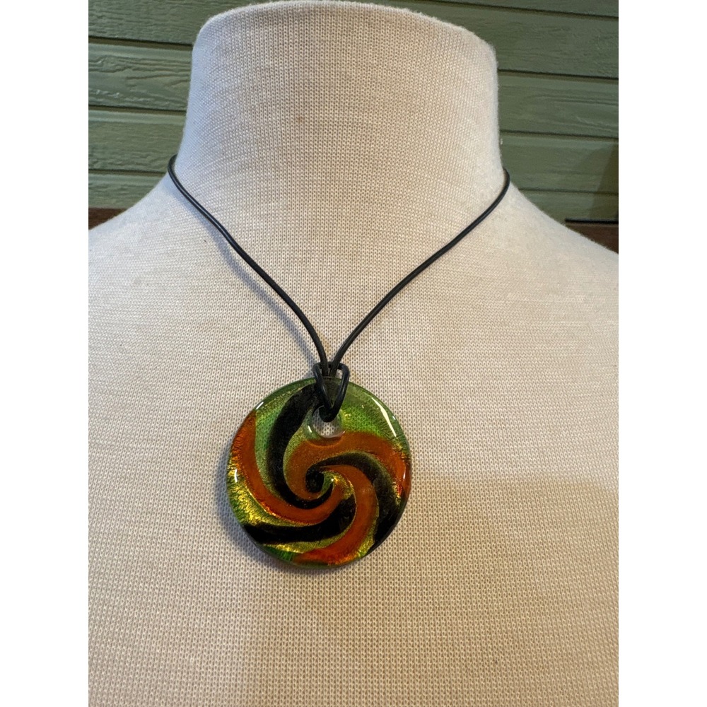 Art Glass Spiral Swirl Pendant Necklace Green Orange Black Round‎ Disc Boho